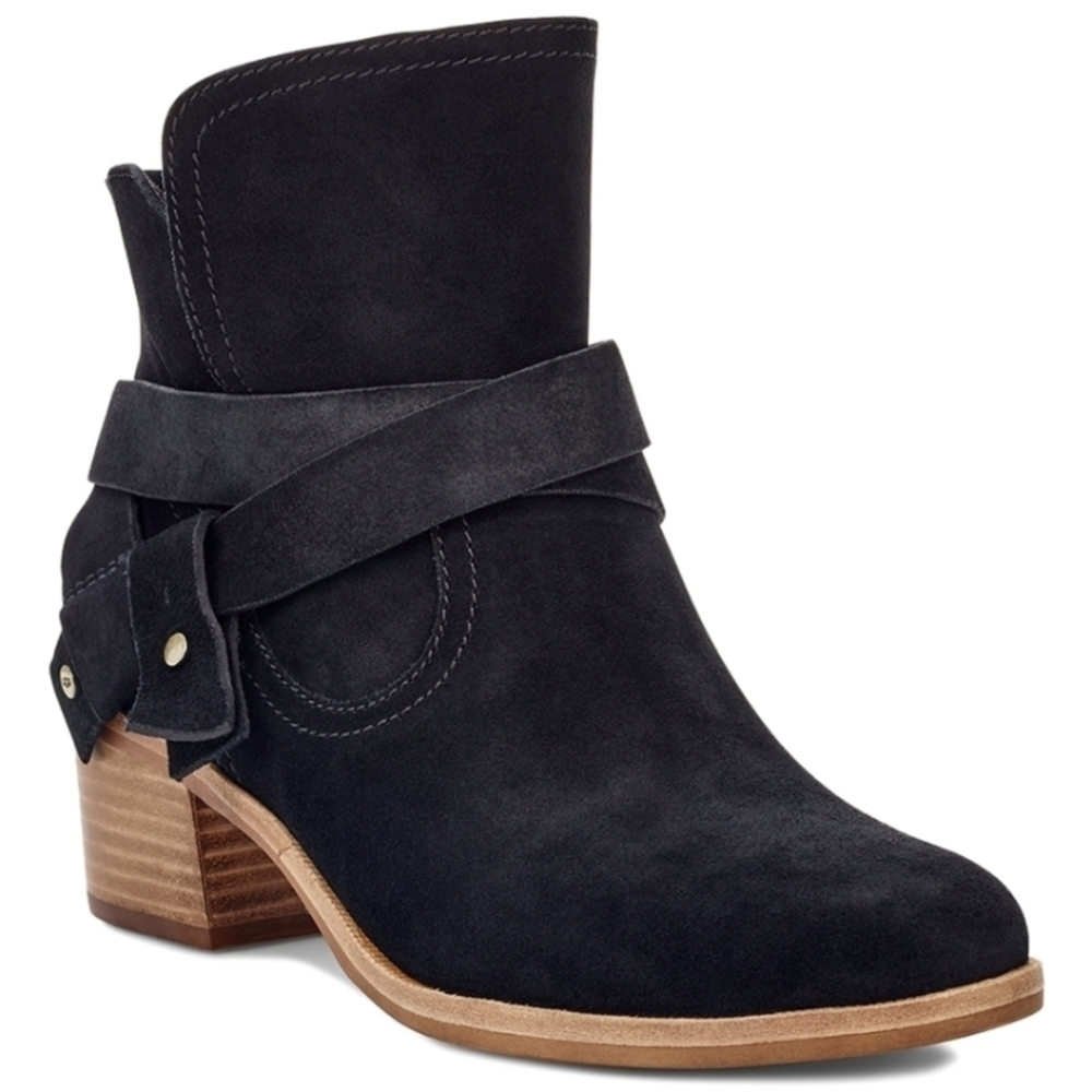 UGG Elora Ankle Boot Nubuck Suede Leather  Strappy Block Heel Scandi Black 7.5